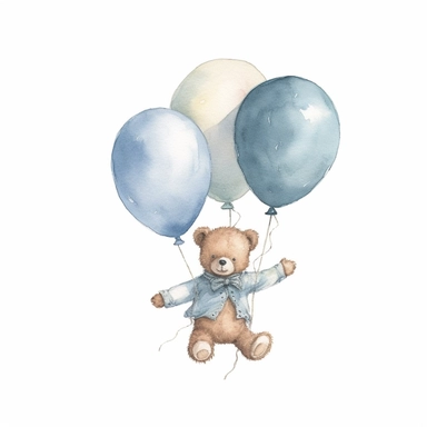 watercolor teddy bear boy on balloon , blue shirt, clipart, white background, cute dreamy, soft subtle colors , by beatrix potter