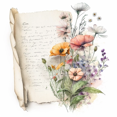 Old page damaged by time with old handwriting and a bouquet of wildflowers, poppy, daisy, watercolor pastel color clipart, soft light, white background