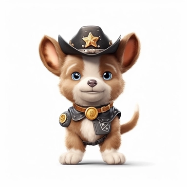 Adorable cute fantasy baby dog dressed like sheriff standing in dynamic pose,front view,fullbody,sharp through out,happy expression, nursery art, clipart image, lineart image, white background, very detailed, 8k, composition wide shot
