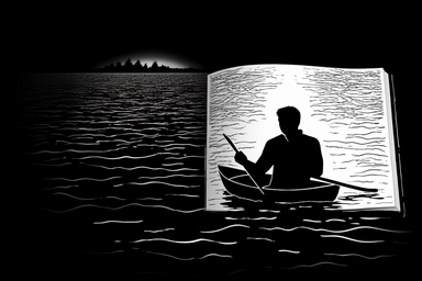 white silhouette on black background of a man in a canoe writing in a book, wideshot, on water, gentle ripples beneath, minimalistic, clipart, logo, website logo, simple design, lofi