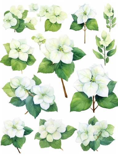 watercolor clipart set with white background, cute hydrangea flowers, adorable, flat design, clearly defined with separated images, high quality