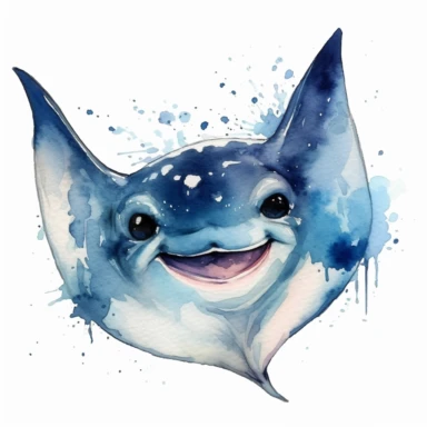 a manta ray, happy smiling face, cute animal, adorable, playful atitude, adorable watercolor animal clipart, no background, high quality and very sharp image with clear focus