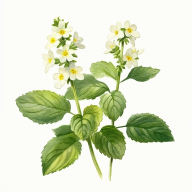 A clipart showcasing a flowering lemon balm plant, with small white flowers clipart, white background, watercolor sophisticated drawing