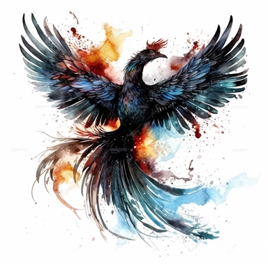 watercolor dark fantasy mystic black phoenix clipart, hd 4k, detailed, isolated on white background