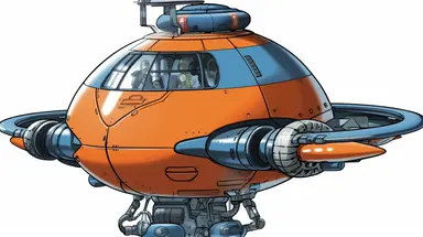 A simple clipart of a low-level flying machine with a military air, similar in structure to a flying saucer, with a glass shroud at the top and a device that emits electromagnetic waves for attack at the bottom, using mainly orange, white and blue colors,