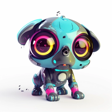 Envision a friendly little furry robot with a shiny, glittery exterior and big, expressive eyes that always seem to convey emotion. This smart and resourceful machine loves to help people and make the world a better place in any way it can. It's always eager for new challenges and loves to put its skills to the test, cartoon, clipart
