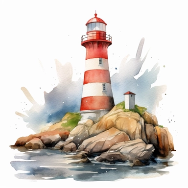 lighthouse watercolor clipart on the coast, white background