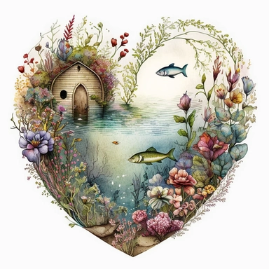 a cute close-up-shot of a fishing habitats (flowers and plants) made into a heart-shape. Leave the middle part spacious. vintage in watercolor style clipart, use darker tones, higher saturation colors, Banksy artstyle with minimal effects, super creative watercolor, white background