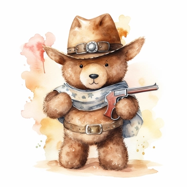 A cute watercolor clipart of a teddy bear dressed in Wild West cowboy attire, with a hat, boots, and a bandana around its neck. The bear has a confident stance and a revolver in its holster