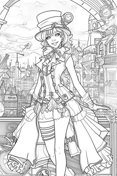 laughing steampunk girl in hat, smiling, flirtateous look at the camera, full body view, proportional hands, five fingers, white hair, beautiful hands, japanese anime style, steampunk city skyline in the background, league of legend style , black and white, line art, coloring page, printable, thin lines, no details, no shadow, crisp lines, illustration, vector, clipart