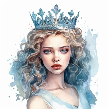 super Gorgeous watercolour stunning beautiful young queen wearing crown, a bit of light blue Ornament, 2D concept simplified illustration on white background. clipart, highly detailed, vibrant, ultra high quality, 2D vector