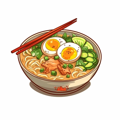 Clip art, png, A bowl of ramen, with a slice of pork and boiled egg, garnished with spring onions, in a warm, cartoonish style, slightly abstract, white background