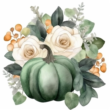 Dark green pumpkin, bouquet of white roses, green leaves, gray eucalyptus leaves, white fruits, watercolor, clipart, illustration, white background