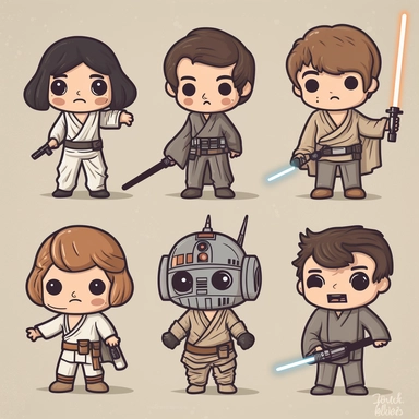 Craft an irresistible set of cute Star Wars character cliparts, portraying the iconic heroes and villains in an adorable and playful style. Design cliparts of a cute and determined Luke Skywalker, wielding a mini lightsaber. Create cliparts of a charming and mischievous Han Solo, with a cheeky smile and his trusty blaster. Include cliparts of a lovably grumpy Darth Vader, showcasing his distinctive helmet and cape. Design cliparts of a cute and sassy Princess Leia, with her signature hairstyle a
