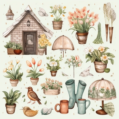 spring clipart pictures, illustrations, stamps, elements, in the style of muted colours, dotted, found objects, pigeoncore, cottagecore, animated gifs, paper cut-outs white space around objects, objects separated in the style of clip art