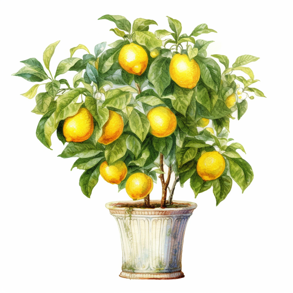 Watercolor clipart very detailed lemon tree in flowerpot. White ...