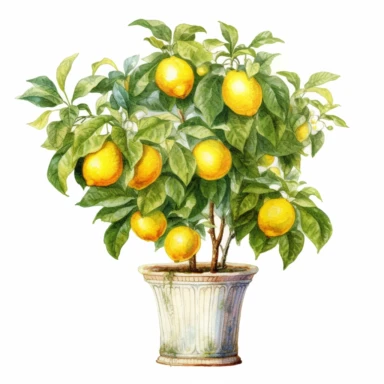 Watercolor clipart very detailed lemon tree in flowerpot. White background