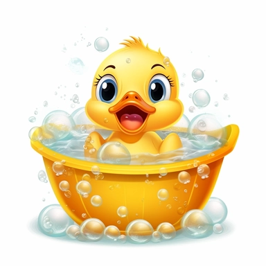 clipart, cute kawaii baby duck in a bathtub of full of bubbles, isolated on a white background, cartoon style, chibi style, vector, 3D, no shadows
