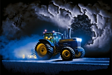 High-Definition Tractor Airbrush Clipart, a souped-up tractor burns rubber down the dirt road. Old Corn Shuckin' Chuck Sneed is behind the wheel and the State Police is in pursuit. The exhaust flames light the dark sky in the blazing-fast tractor's wake. The night is dark and blue and the storm is rolling in. Rocky enjoys a cold road soda as he pilots. A cold Mike's Hard Lemonade, his favorite. The red and blue lights of the State Patrol are moving in fast. Only one more hour to the Corntown.. R
