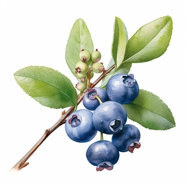 A delightful watercolor illustration and clipart of a blueberry, presented against a clean white background. The watercolor technique beautifully captures the vibrant blue hue of the blueberry, with subtle variations and soft brushstrokes that highlight its plumpness and juiciness. The illustration showcases the intricate details of the blueberry, from its round shape to the tiny crown-like structure on top. The white background provides a striking contrast, allowing the rich color of the bluebe