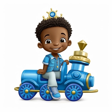 seameless isolated blue crown plush blue toy train, african- american boy happy illustrations clipart crisp white background