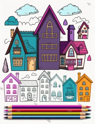 big houses and small houses, clipart style, vector, logo, cute, golden, purple, teal, pink, lite blue, picture book style, children's lesson book, captivating, kid friendly cute character, black and white, coloring book style, cartoon style, vector image, simple, line art style, character, white background