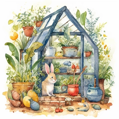 little greenhouse, garden tools, plants and foliage, garden animals and creatures, childrens book illustration style, simple, cute, whimsical, full colour, watercolour, flat colour, clipart,