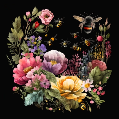 Watercolor clipart on black background of a bee garden, bursting with colorful blossoms and busy bees