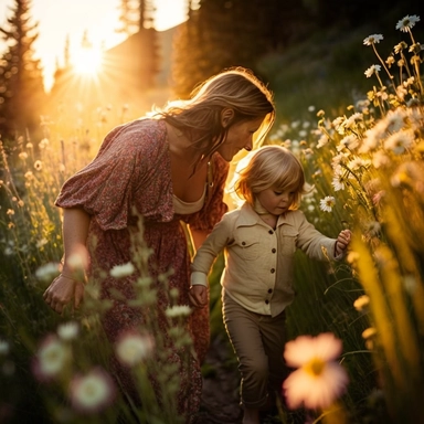 a mother and her child are walking together hand in hand through a field of wildflowers. The sun is shining down on them, casting a warm and golden glow on their faces. The mother is looking down at her child with an expression of pure love and adoration, while the child is looking up at her with wide-eyed wonder. The colors in the picture are vibrant and alive, with the wildflowers and the blue sky forming a breathtaking backdrop for this beautiful moment. This picture captures the essence of t