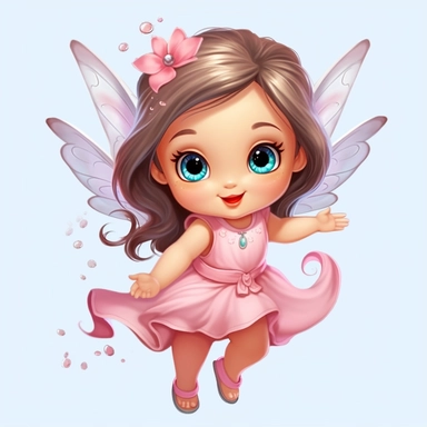 a happy baby fairy girl, pink flowered dress, long hair in ponytails, blue eyes, full body image, big wings, pixar style, clipart, white background,