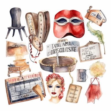 watercolor 1910s 1920s 1930s 1940s theatre ephemera , illustrations clipart set, simple, , cartoon elements ,different variants ,tickets,separate elements with a margin