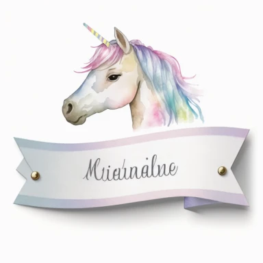 personalised name plate ribbon for text, a large unicorn face, birthday invite, pastel clipart, Watercolour, pure white background