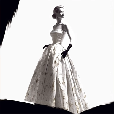 1960s woman standing in beautiful dress, christian dior high fashion, clip art, black and white, illustration, watercolor,, detailed painting, very high quality, hd, spaced out ar 3:2