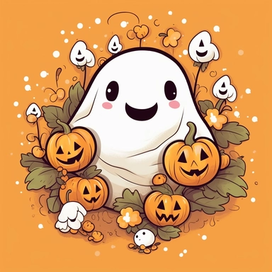 halloween happy ghost clipart, kawaii,pumpkins, simple lines, flowers, warm tones, dye-transfer, light orange, cut-and-paste, bold color choices, luminous quality, white background