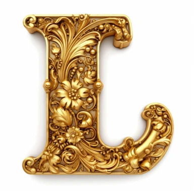 An ornate solid gold letter L. Clipart, white background v5