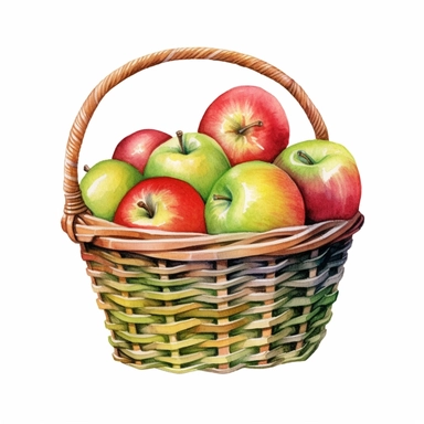 watercolor red and green apples in a basket clipart, white background, realistic with high details, beautifully colored with strong palette pastel colors, 32k hd, detailed quality