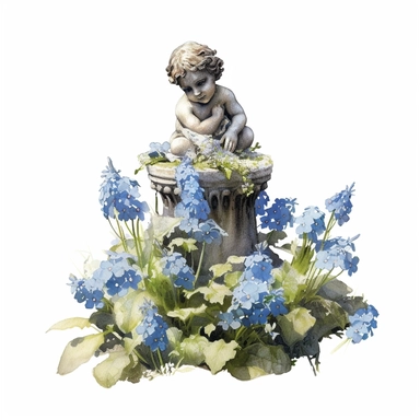 fairytale cherub garden statue surrounded by forget me nots, watercolour, clipart, white background, hyper realistic, photographic, v 5.1 8k