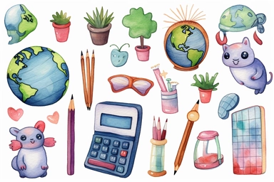 minimalistic clipart set access back to school watercolor clipart, globe, calculator, Cute kawaii sticker