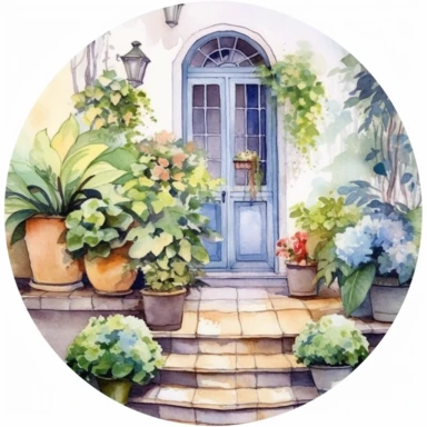 composition in a circle, watercolor clipart, porch and door, on the porch and around the porch are plants in pots, hydrangea , potted plants on the porch, beautiful porch with flowers in pots, along the house, on the porch blooming plants in tubs