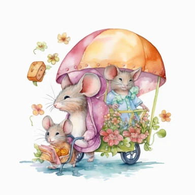 a mouse mom pushing a baby mice on a stroller on a park, clipart, watercolor, detailed, hd