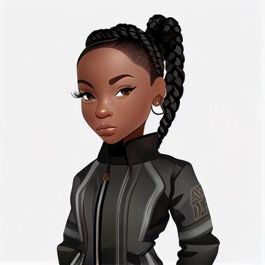 in clipart style Full face portrait centered, full body portrait, with a plain white background of 8k polished award wining photography of neon future branded high fashion and accessories of a stunning black african american little black cat, wearing a r&b Hip hop sweat suit, with long beautiful braids up in a ponytail with smooth brown skin no blemishes, with beautiful long eyelashes and award winning beautiful hazel colored eyes, wearing gold hoop earings in her ears and a matching gold neckla