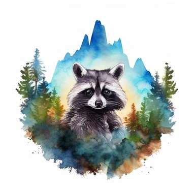 watercolor style, devil raccoon with the mountain forest in the back clipart, isolated on white background, hd