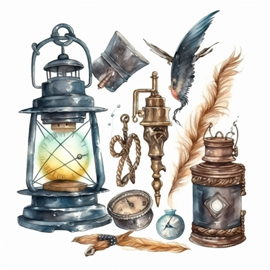 Watercolor illustrations: vintage lantern, lock and keys, watch and compass, feather pen, inkwell and chains. isolated. Hand drawn illustrations. Clip art