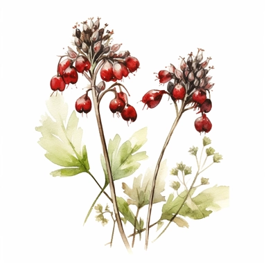 An image showcasing a flowering burnet plant, with small, dark red flowers clipart, white background, watercolor sophisticated drawing