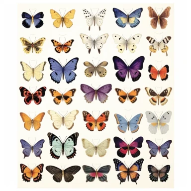 Generate vintage ephemera clipart of butterflies suitable for printing in a junk journal. The images should be in a variety of sizes, ranging from small to large, and should be able to be easily resized without losing quality. Please include a mix of different butterfly species and designs, with a focus on intricate details and vintage charm