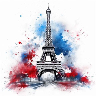 realistic and detailed eiffel tower with blue, white and red splash of watercolour in the background clipart on a white background