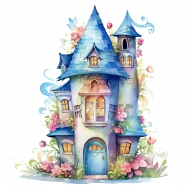 a whimsical watercolor summer fairyhouse, sublimation clipart,featuring cozy house, painted in soft pastel shades of blue, pink, green, and yellow, with intricate details such as flowers, vines, and shingled roofs, fine brushes, and various shades of pastel paint pigments, isolated on a white background,single object, print on demand image, PNG transparent background, white background for removing background - - no text shadow font watermark