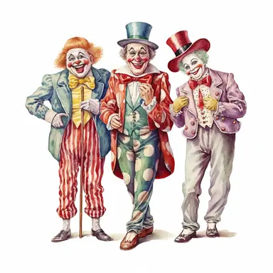 3 hand drawn vintage circus clowns acting silly , glamorous, soft, detailed and realistic, watercolor, clipart style, white background with margins