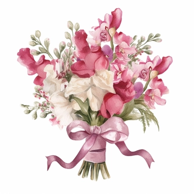 elegant vintage water color, bouquet floral arrangement tied with hessian bow with deep pink,pink and white snapdragon flower, white background, clipart