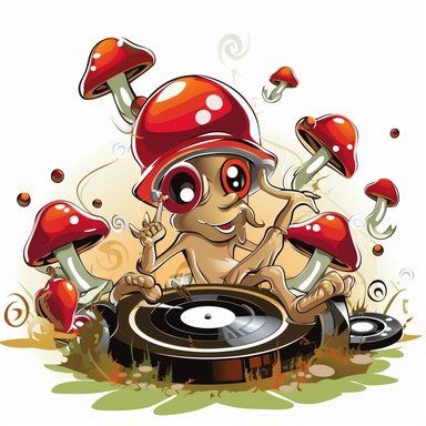 Clipart, A funky illustration of a mushroom DJ with headphones and turntables, spinning groovy beats, white background.